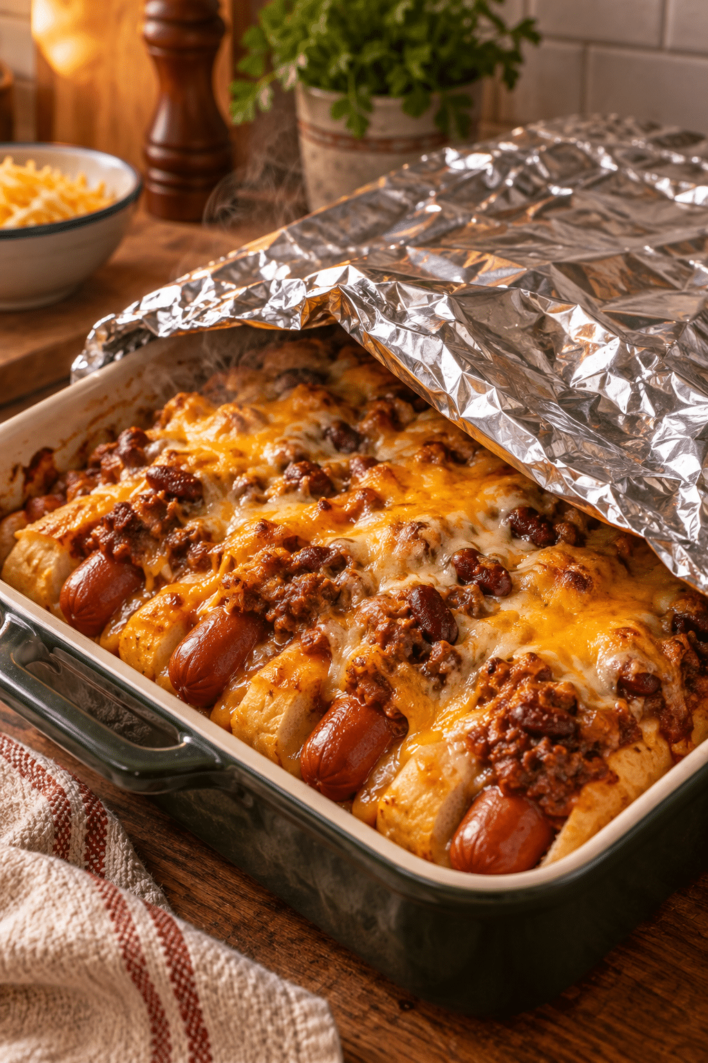 chili cheese dog bake covered and baking