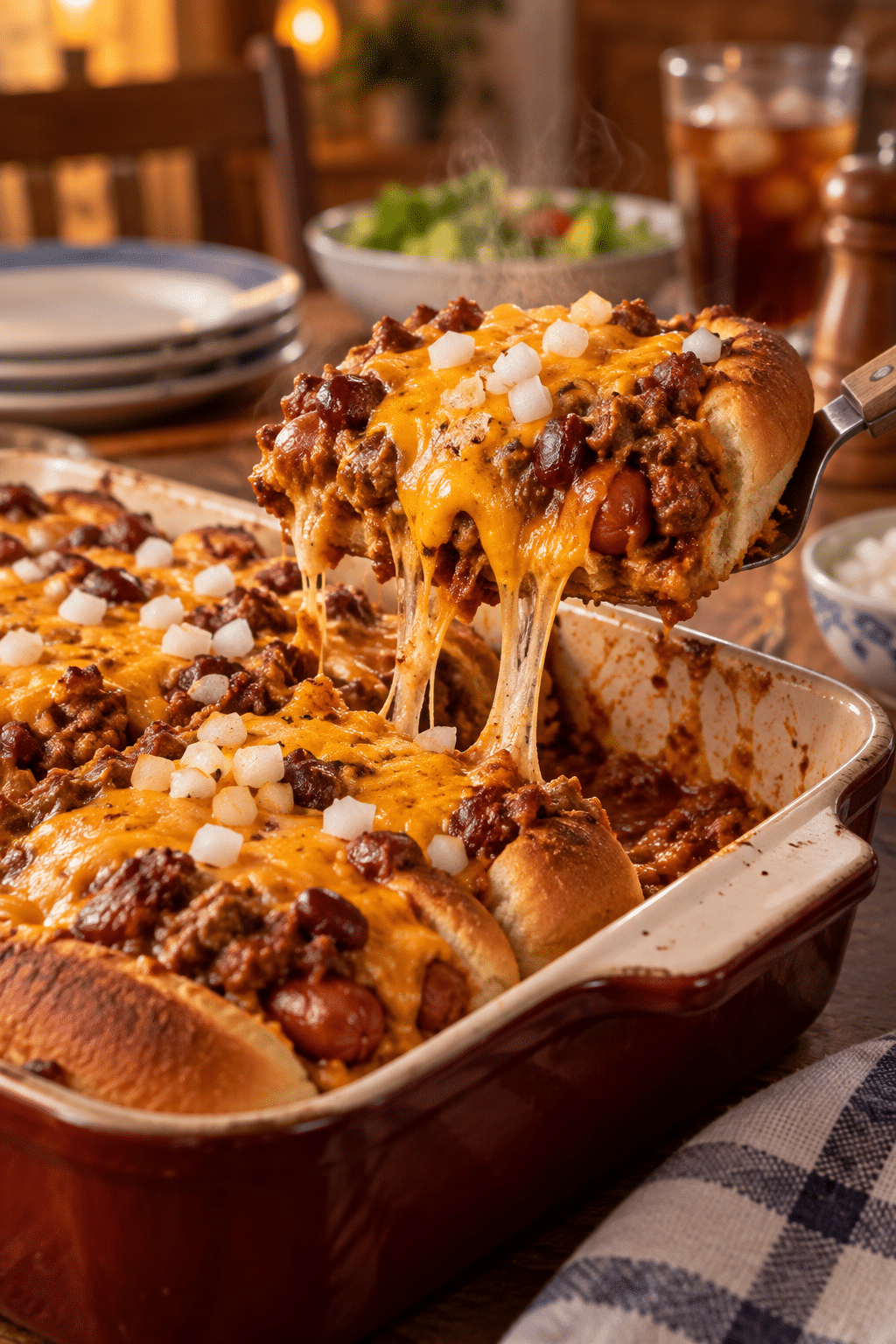 served chili cheese dog bake with crisp edges