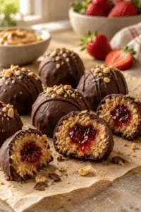Chocolate-covered PB&J protein balls