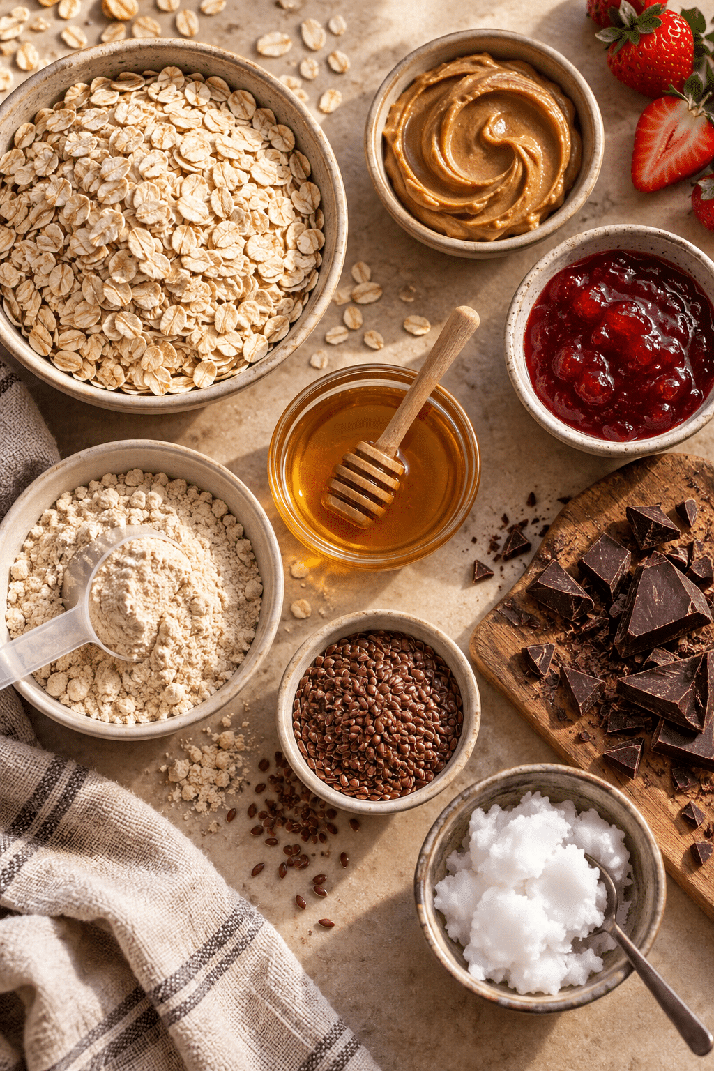 Ingredients for chocolate covered PB&J protein balls