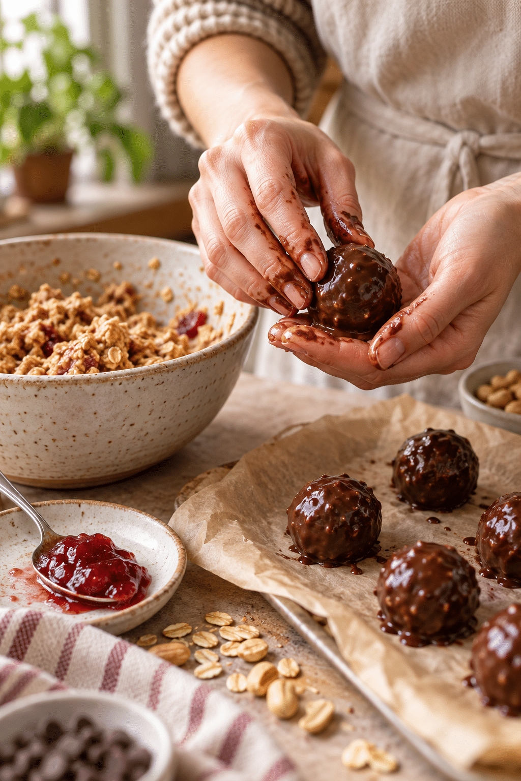 Shaping chocolate covered PB&J protein balls