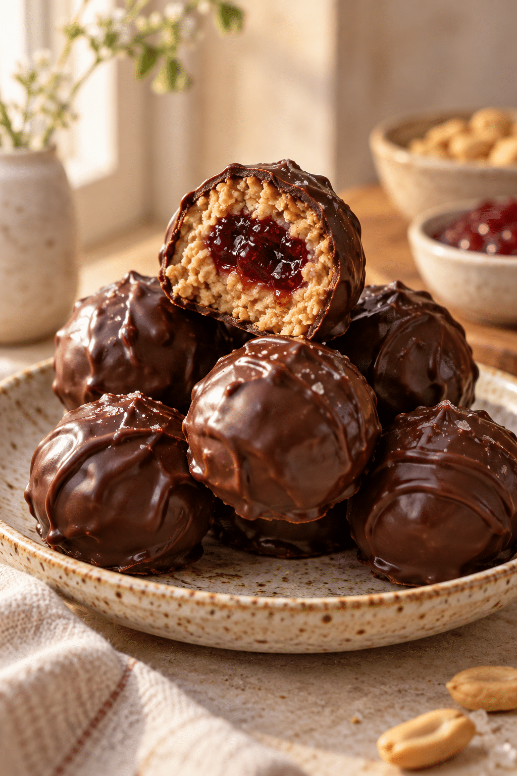 Finished chocolate covered pbj protein balls
