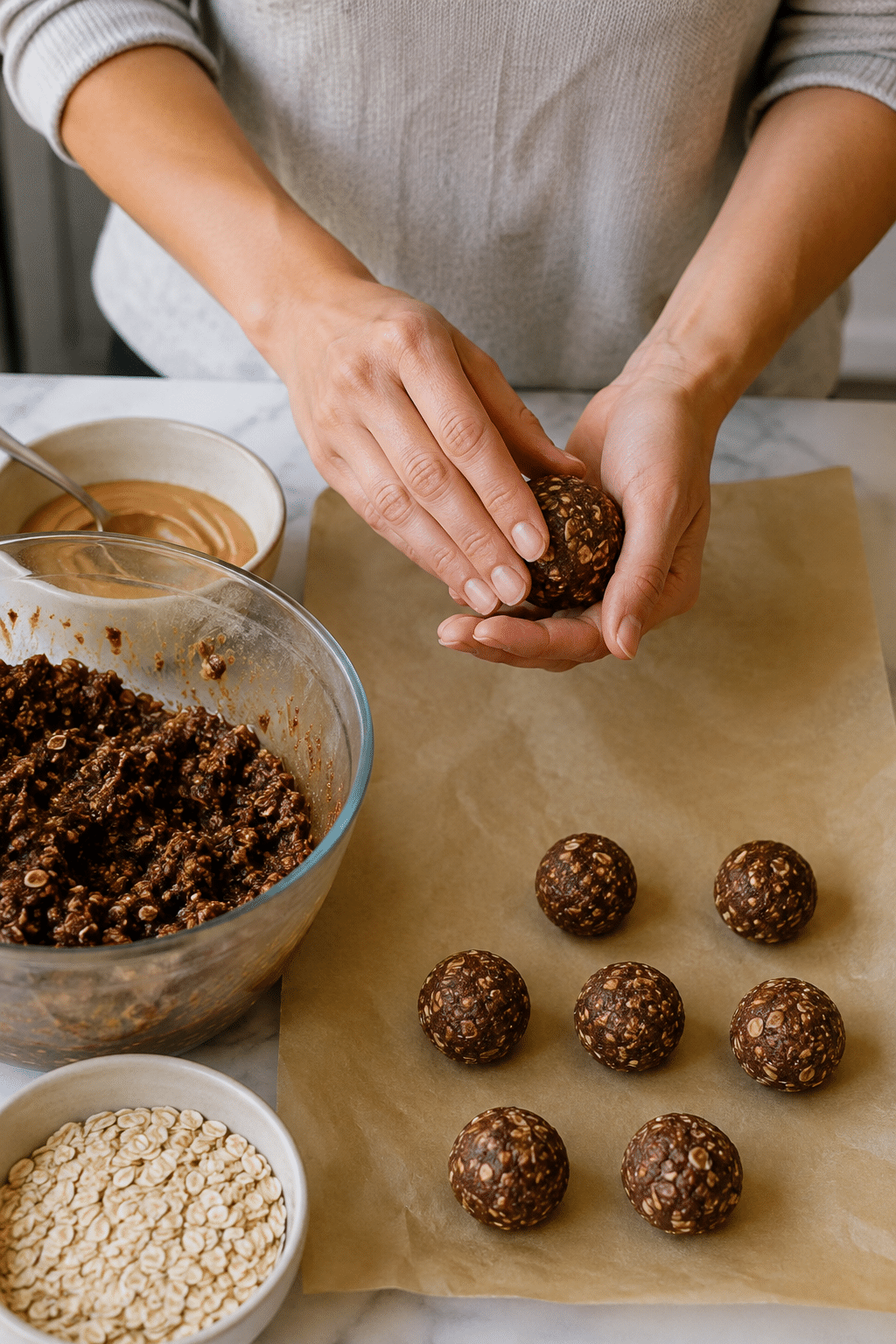 hands rolling chocolate oat mixture into energy bites