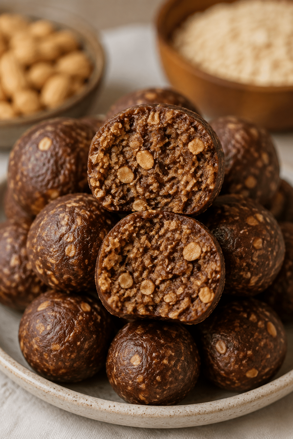 vegan protein energy bites split to show chewy oat texture