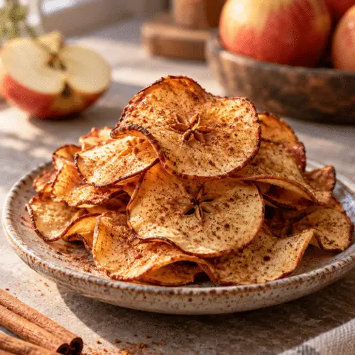 Cinnamon apple chips stacked on a plate