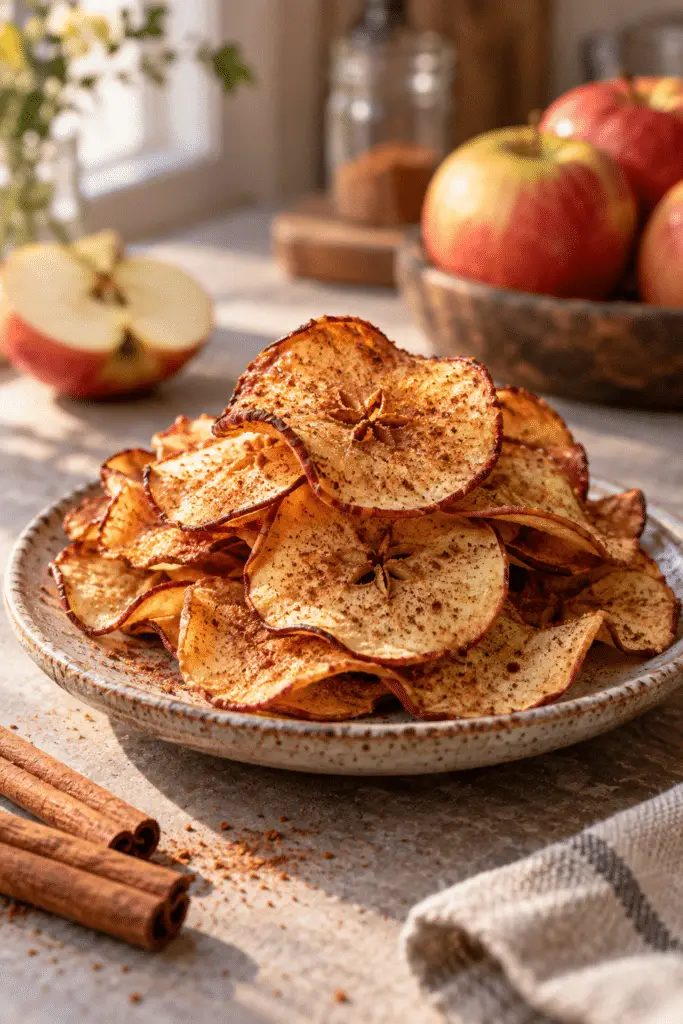 Cinnamon apple chips stacked on a plate
