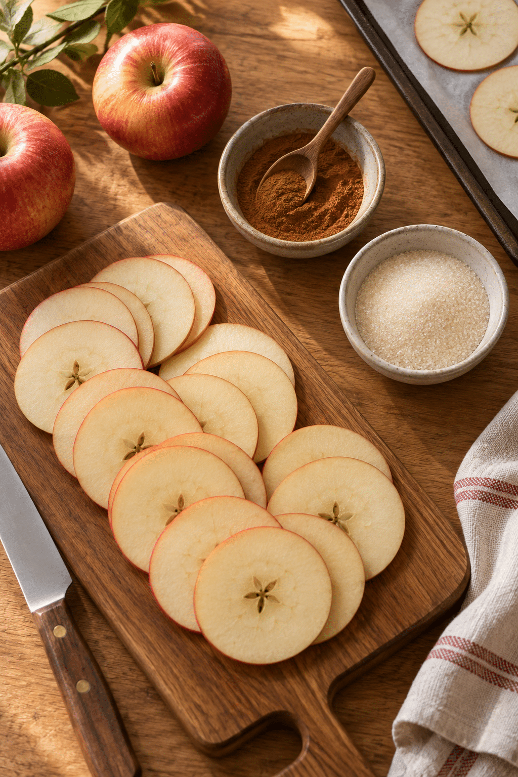Thin apples, cinnamon, and sugar for cinnamon apple chips