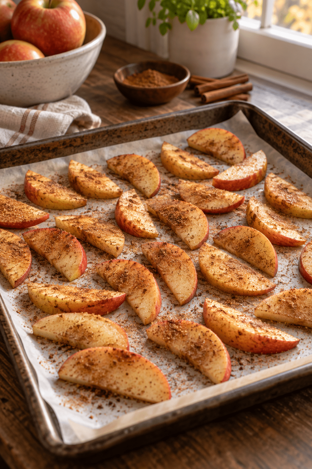Cinnamon apple slices arranged on a baking sheet