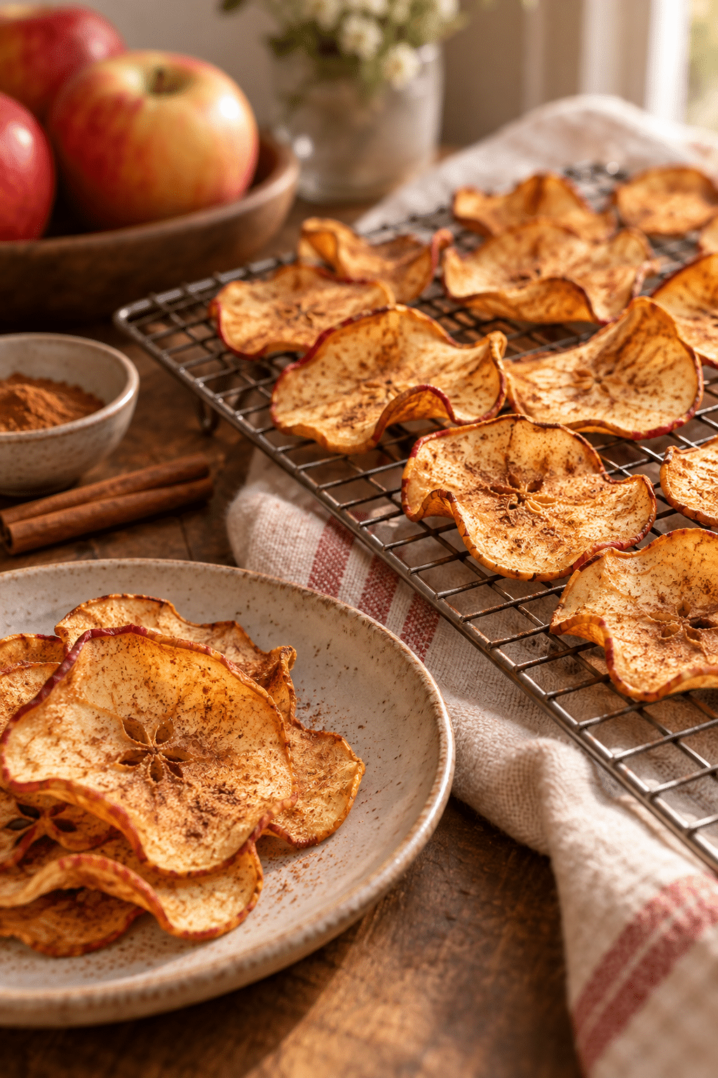 Crisp cinnamon apple chips ready to serve