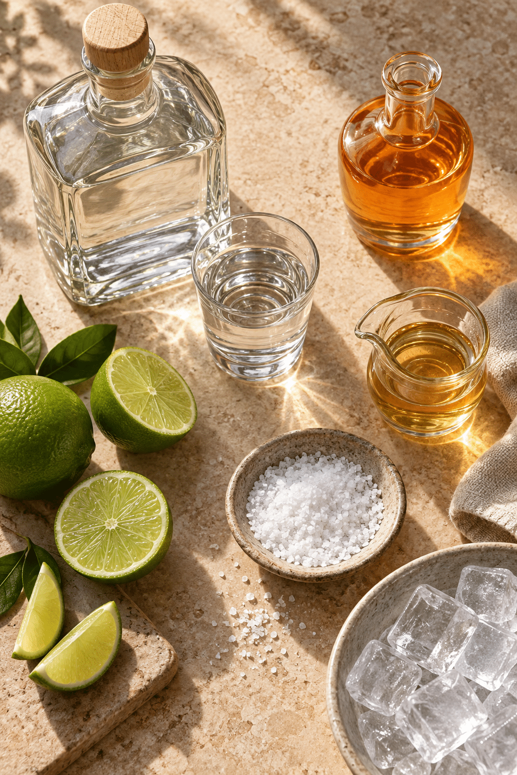 margarita ingredients arranged with lime and tequila