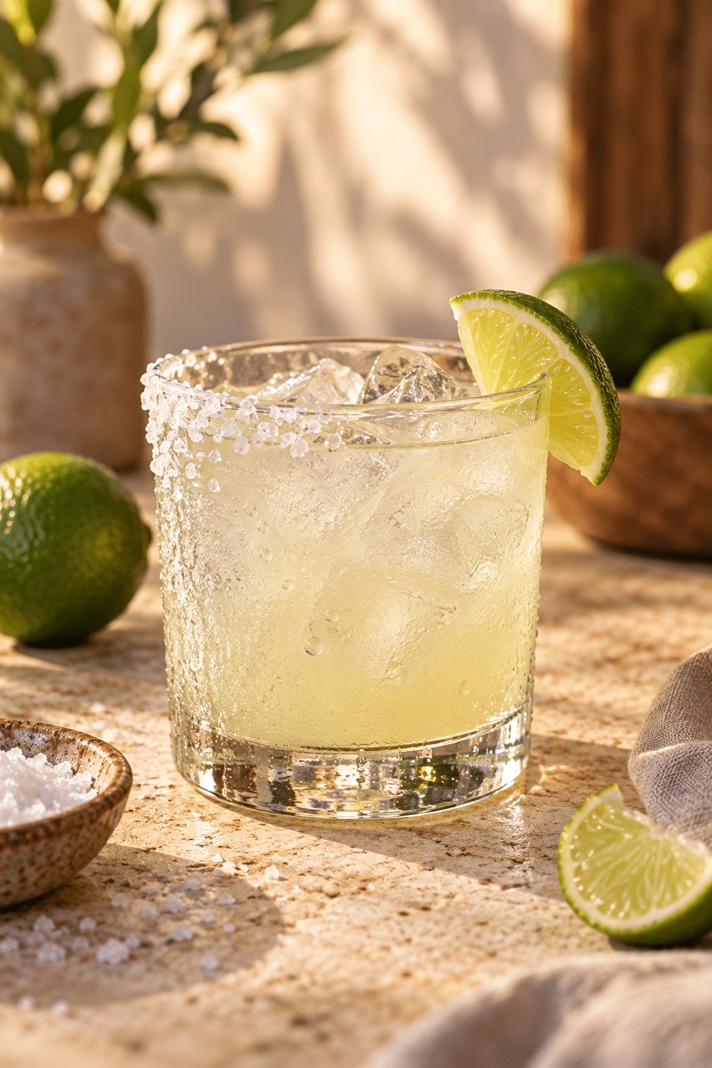 classic margarita served with a lime wedge