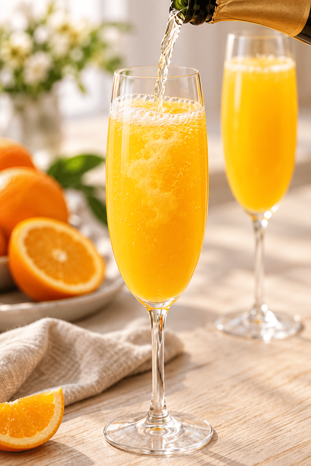 pouring sparkling wine into a mimosa pitcher