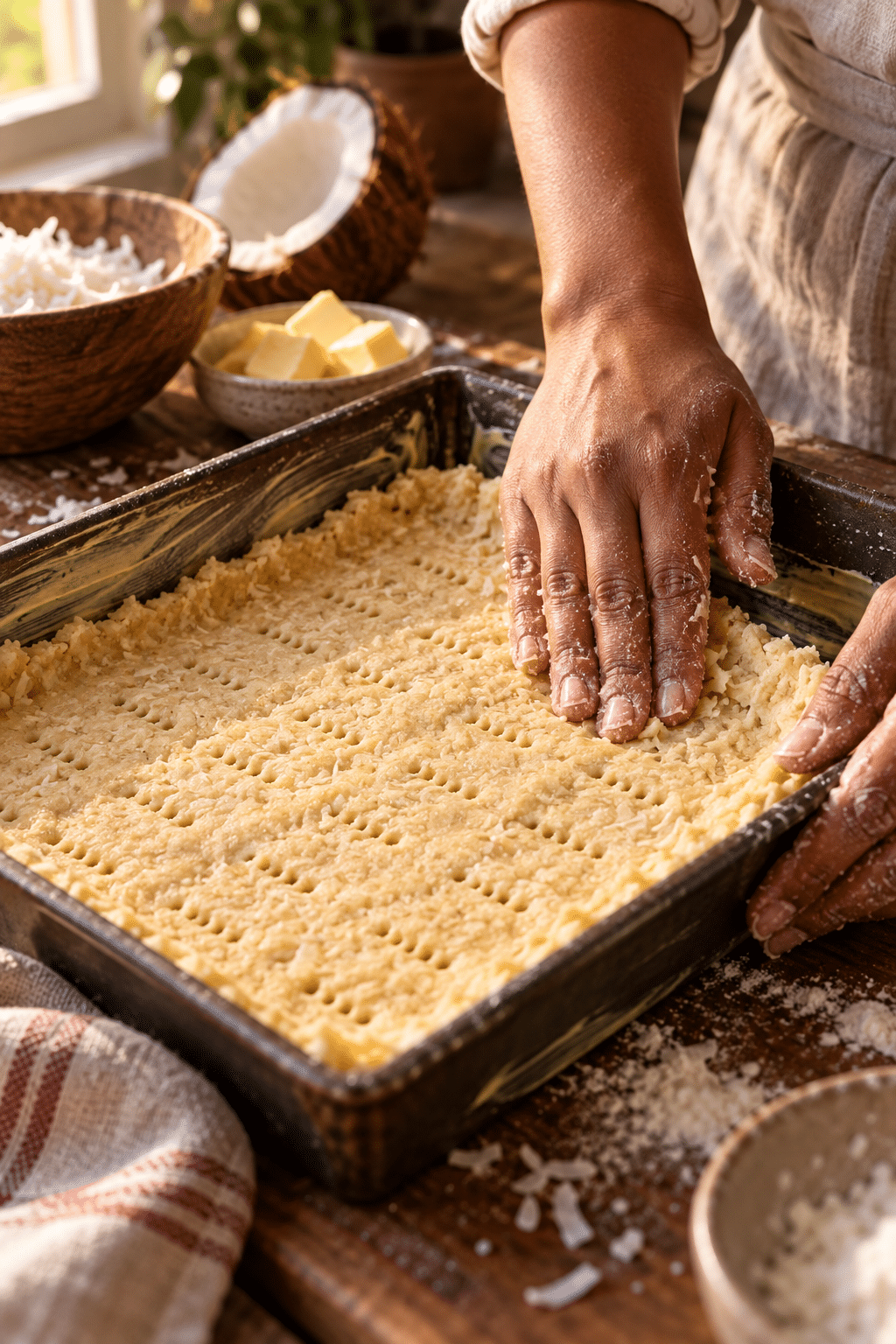 Coconut bake dough being prepared in a tray