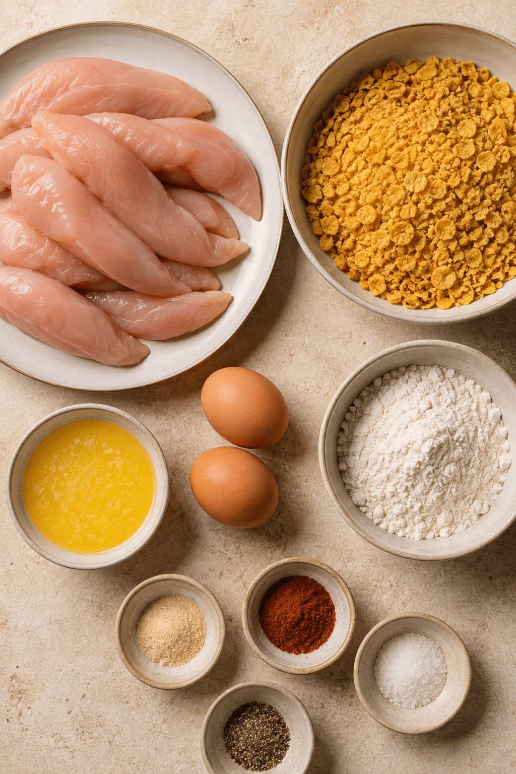 Ingredients measured for corn flake crusted chicken