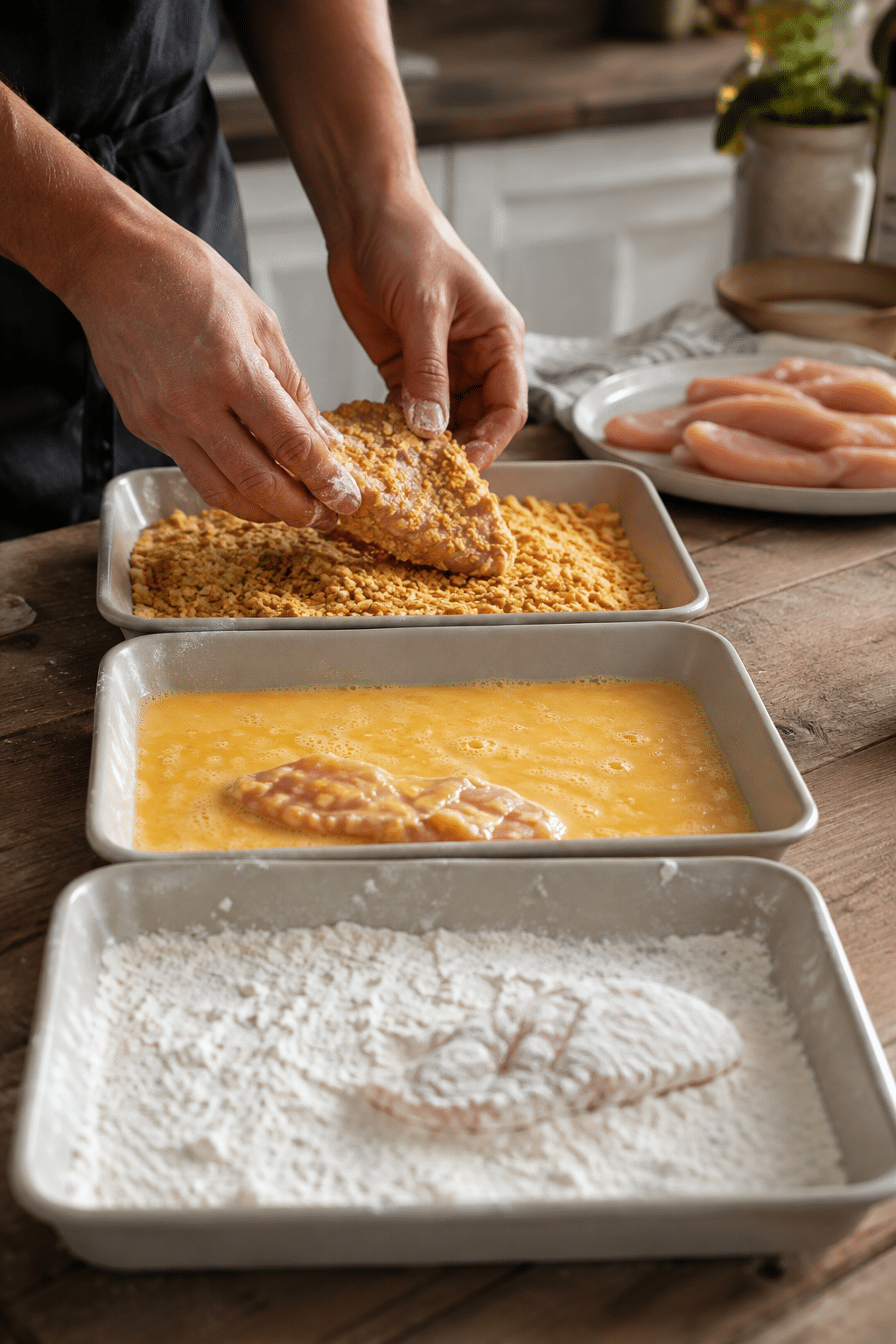 Preparing corn flake crusted chicken step by step