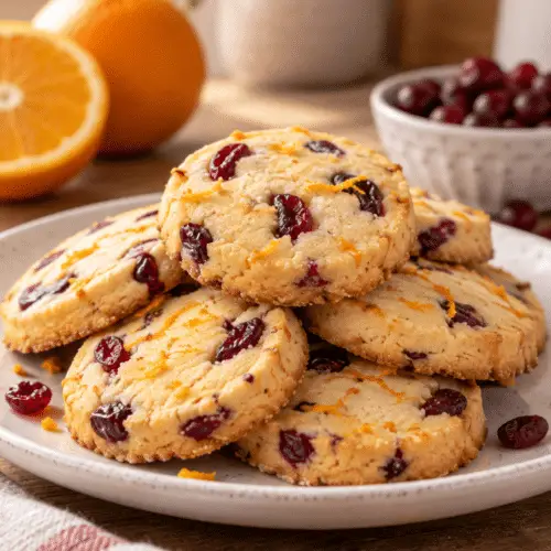 cranberry orange shortbread cookies stacked on a plate