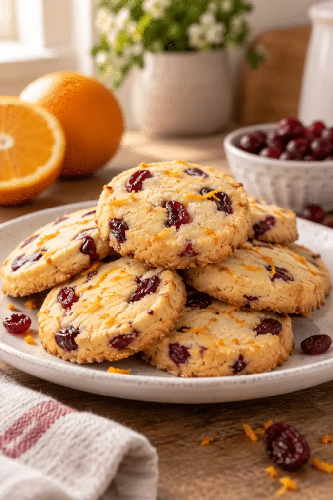 cranberry orange shortbread cookies stacked on a plate