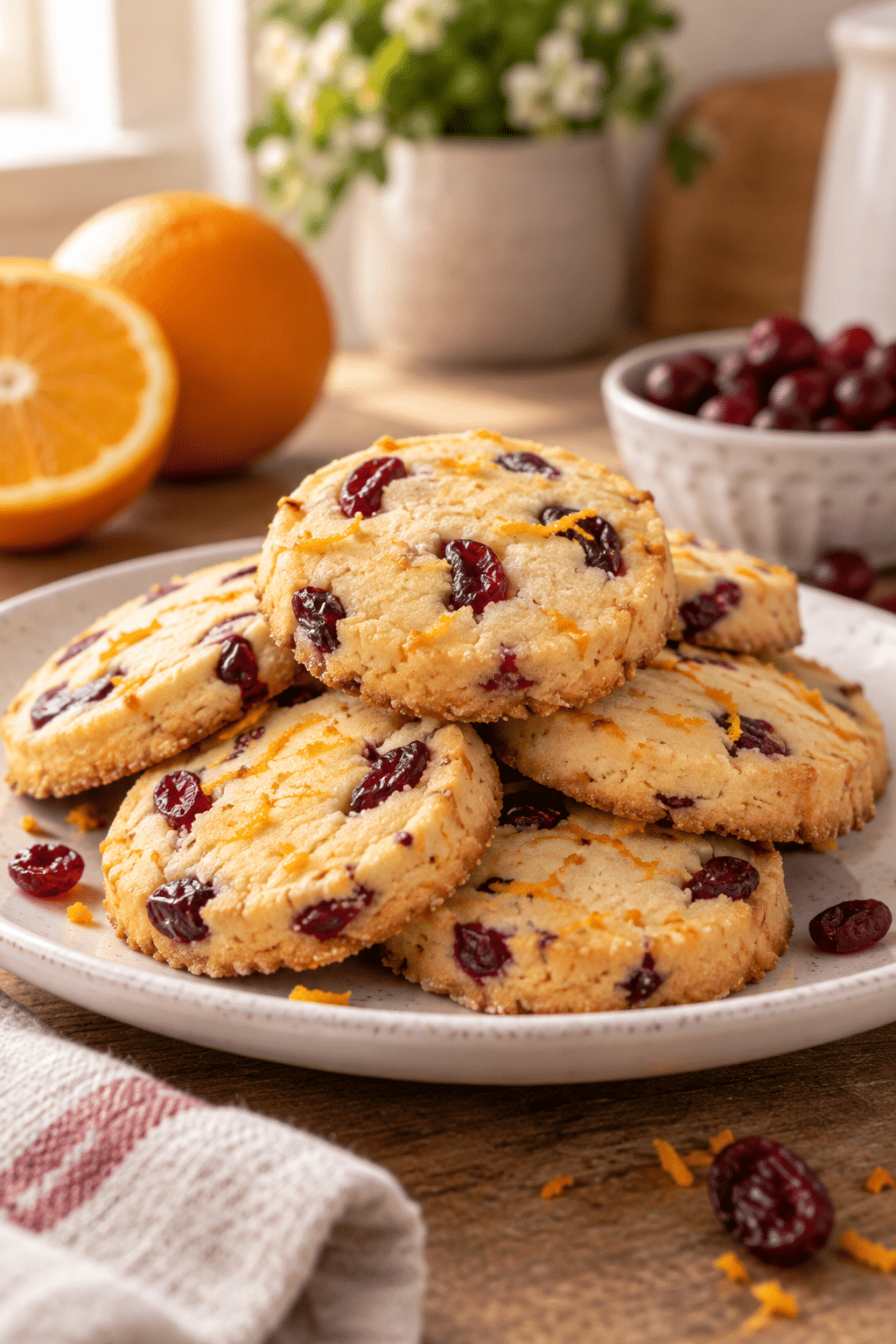 cranberry orange shortbread cookies stacked on a plate