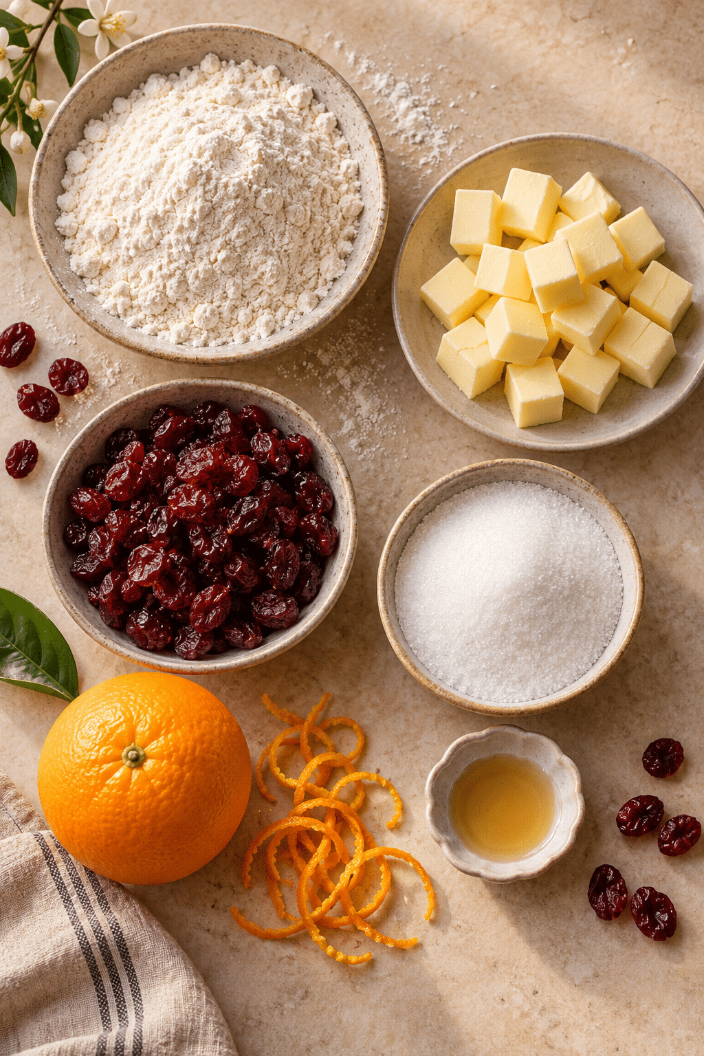 cranberry orange shortbread cookie ingredients measured and arranged