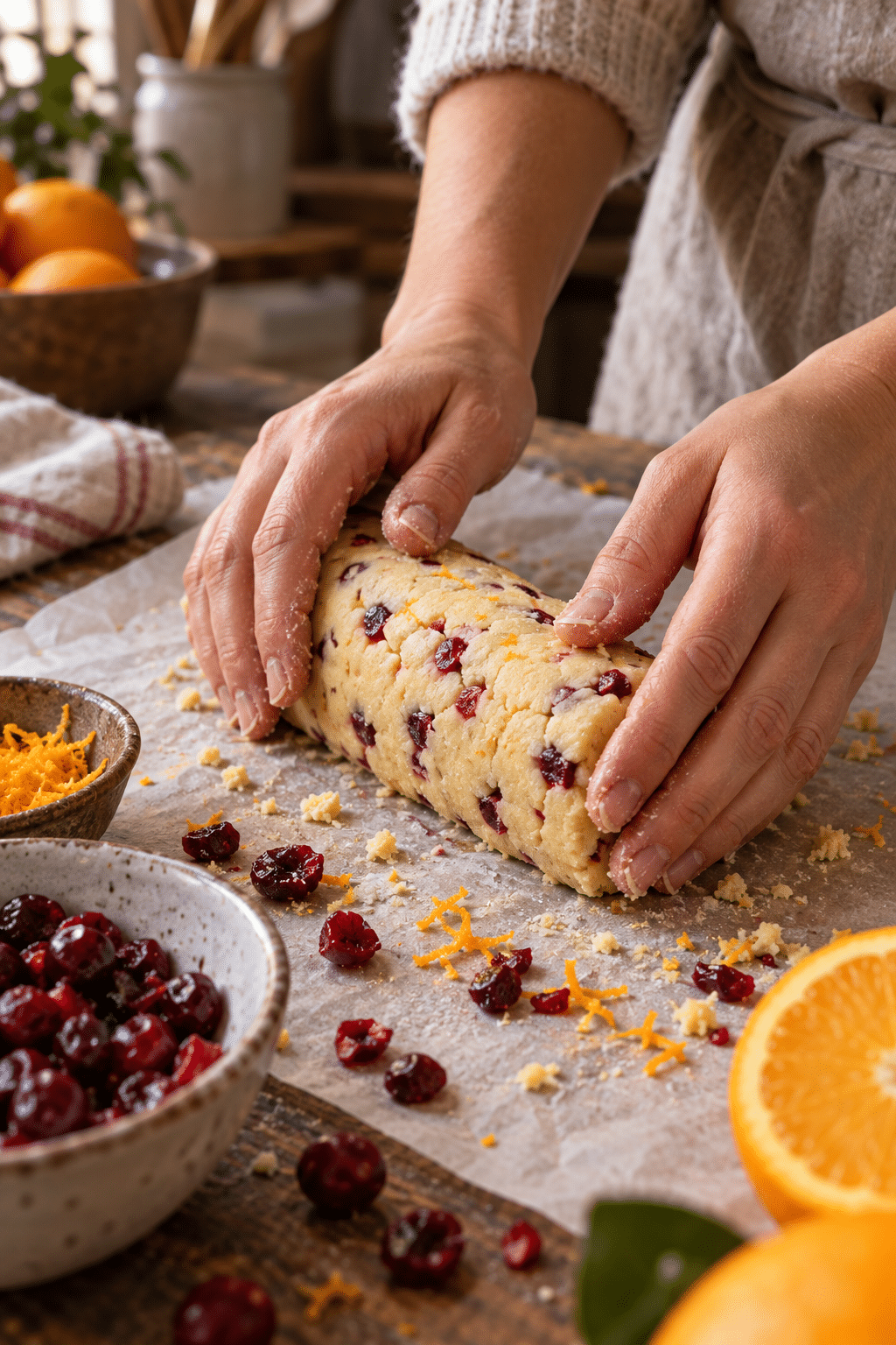 cranberry orange shortbread dough being shaped and sliced