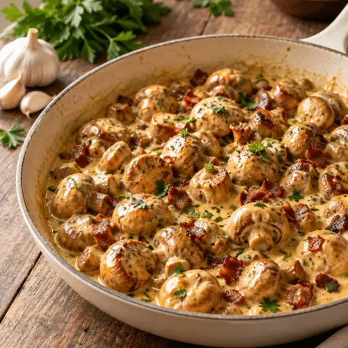 Creamy garlic mushrooms with bacon in a skillet