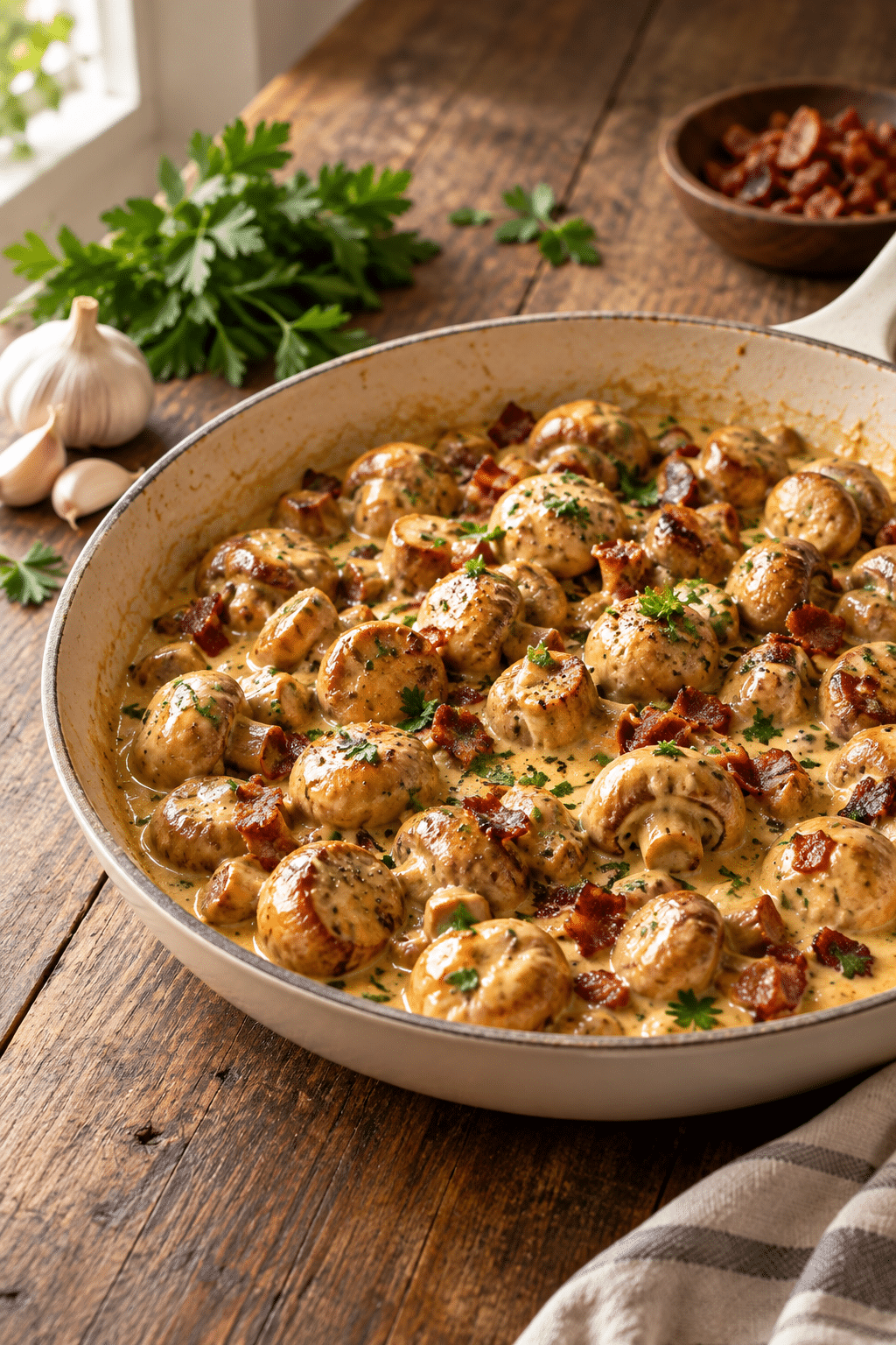 Creamy garlic mushrooms with bacon in a skillet