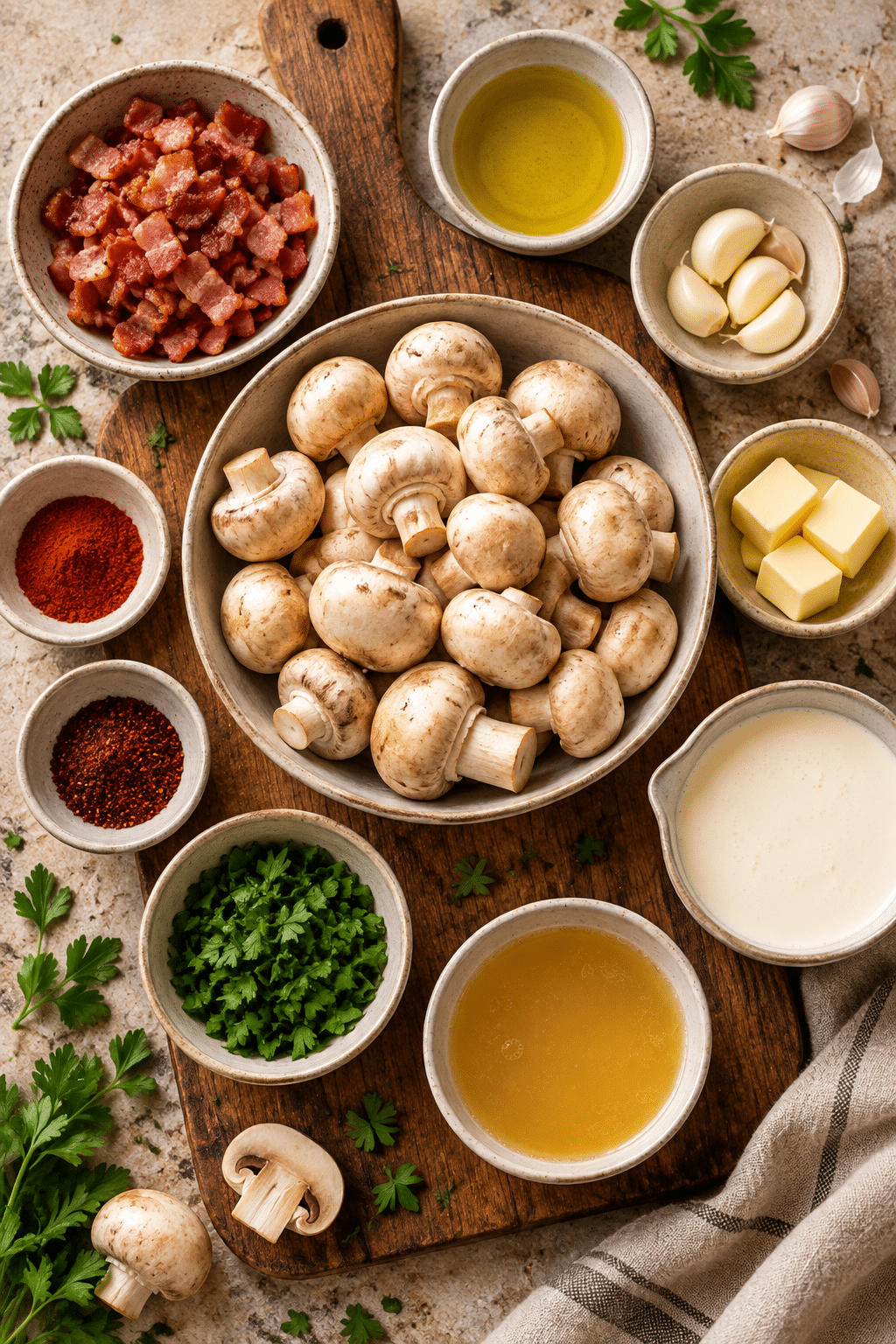 Ingredients for creamy garlic mushrooms with bacon arranged on a rustic surface