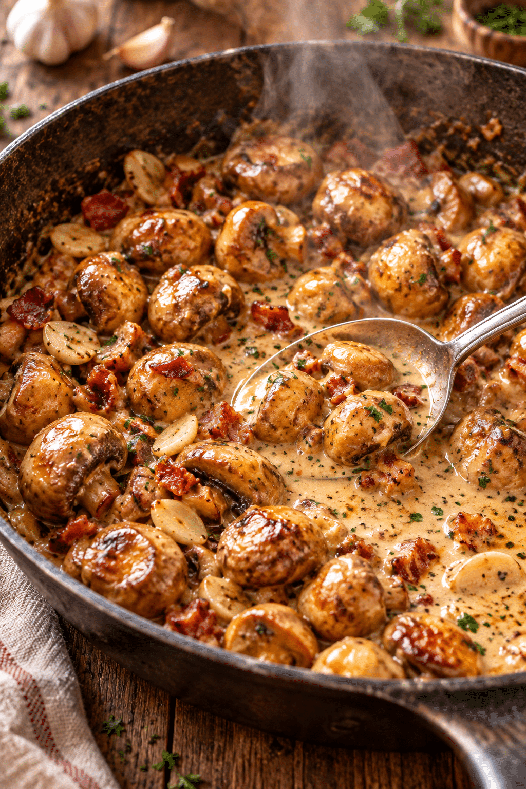 Mushrooms browning in a skillet before the cream sauce is added