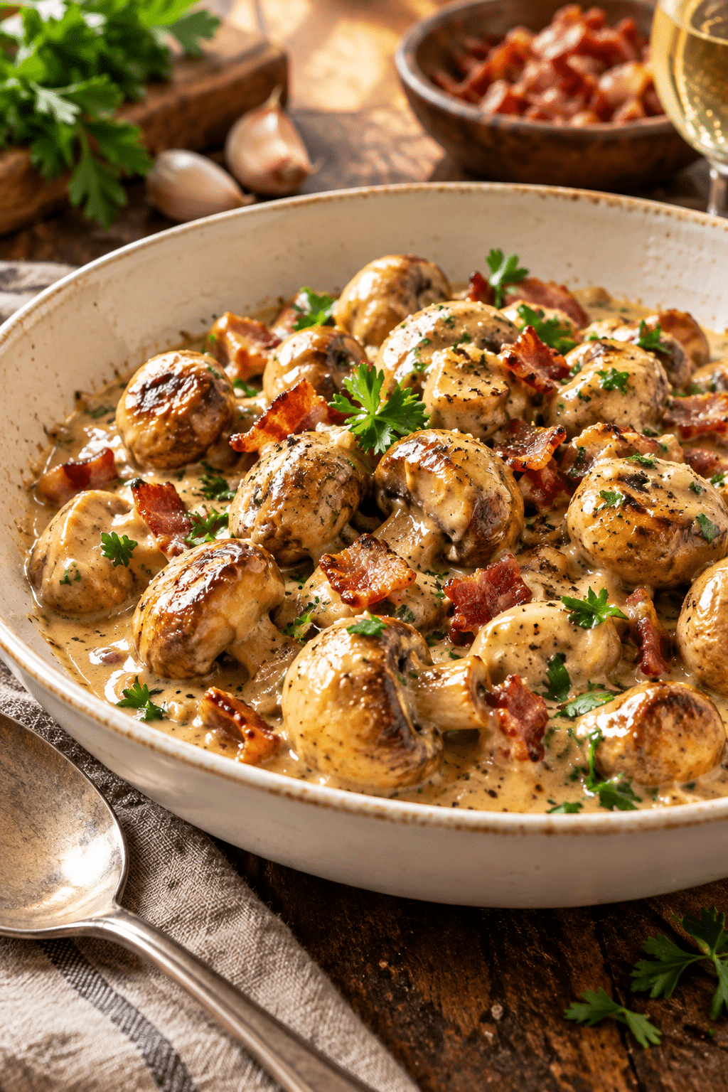 Finished creamy garlic mushrooms with bacon topped with parsley