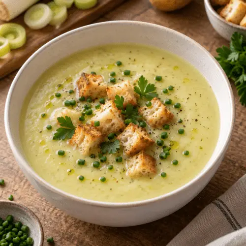 Creamy leek and potato soup topped with croutons and herbs