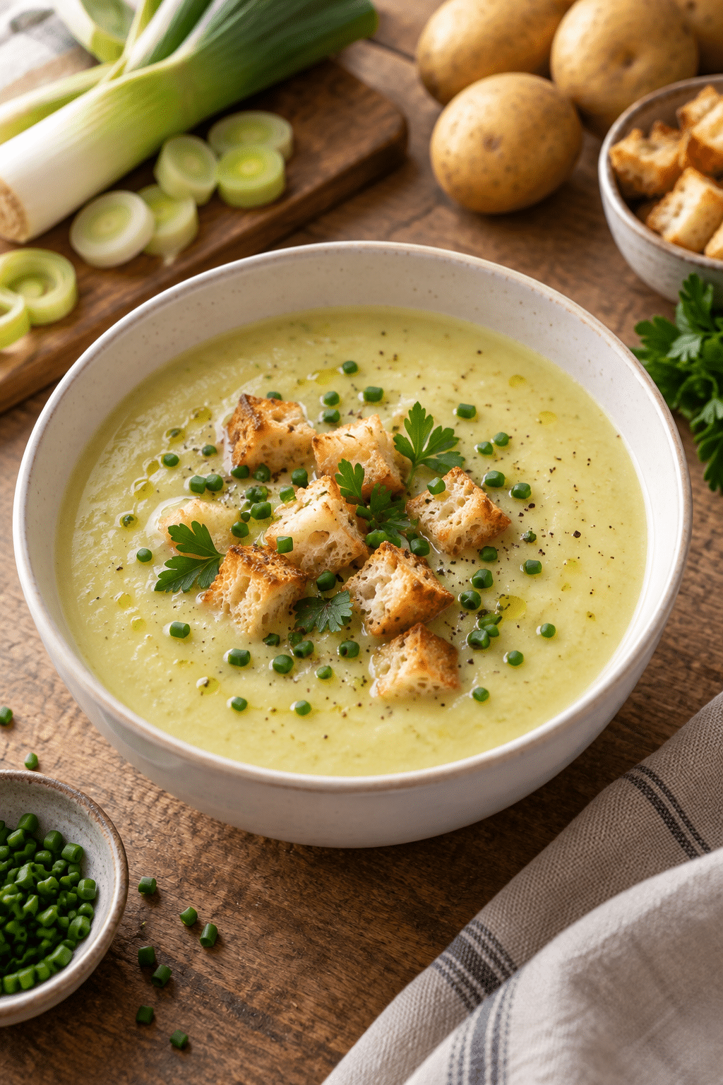 Creamy leek and potato soup topped with croutons and herbs