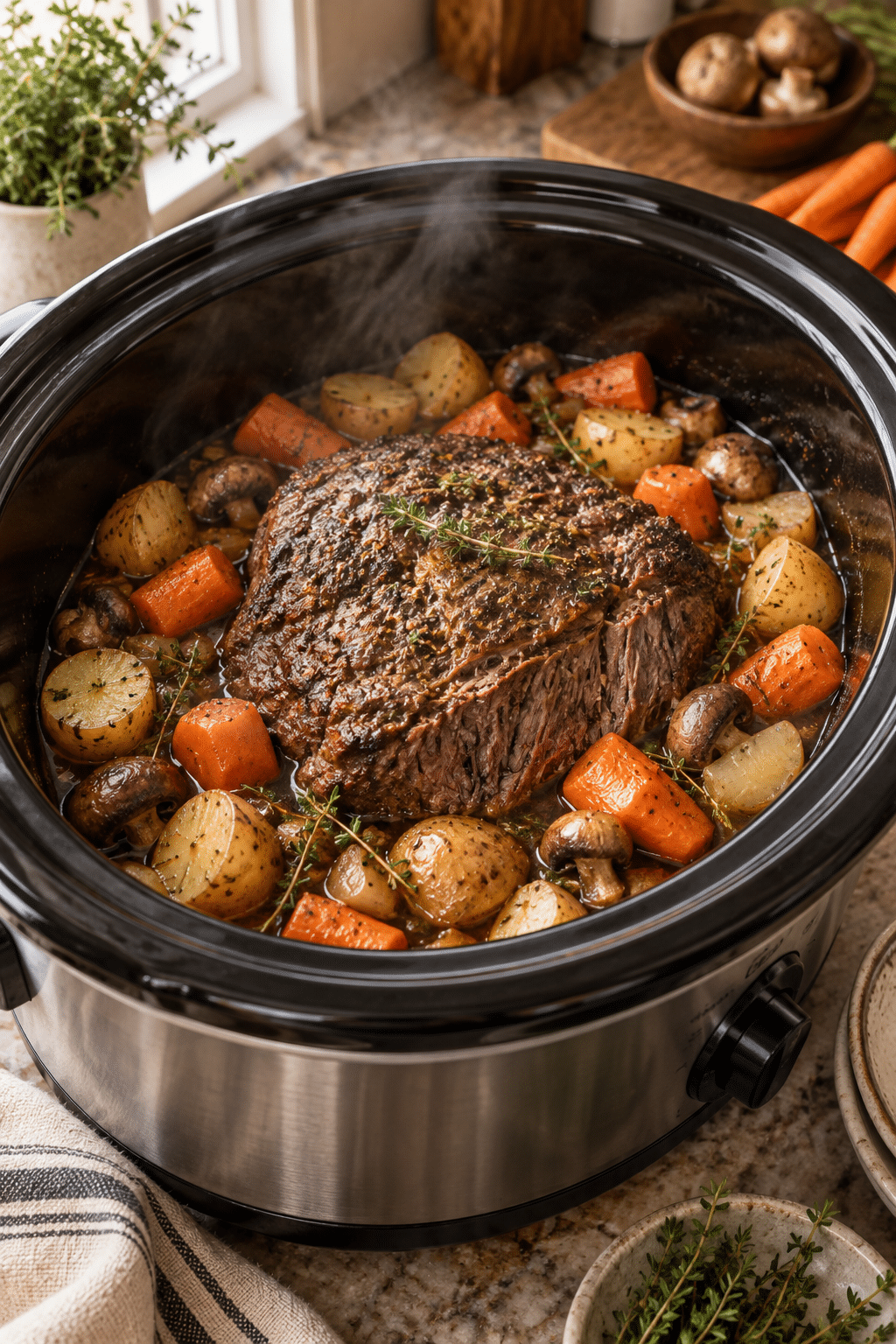 Crockpot pot roast cooking with vegetables in the slow cooker