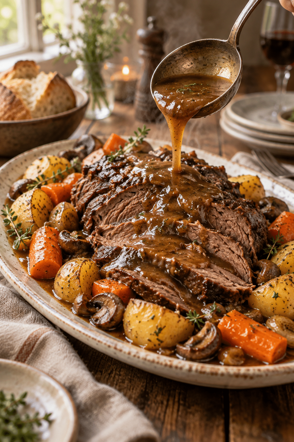 Tender crockpot pot roast with vegetables and rich gravy served on a platter