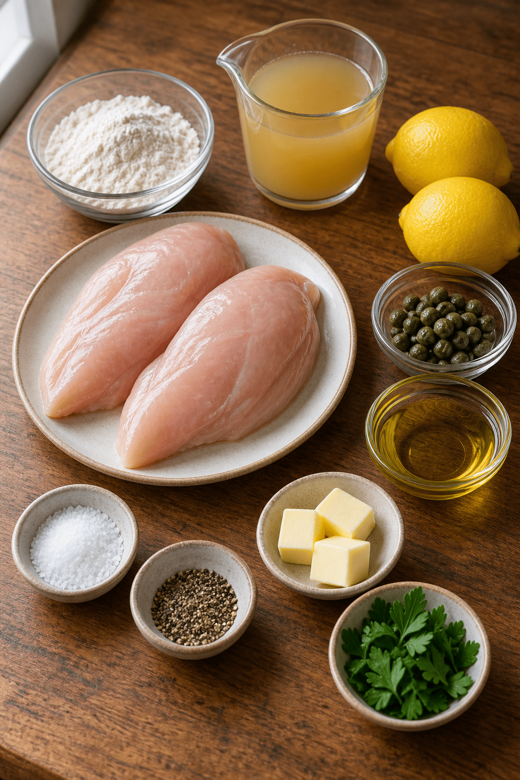 chicken piccata for two ingredients measured on a counter