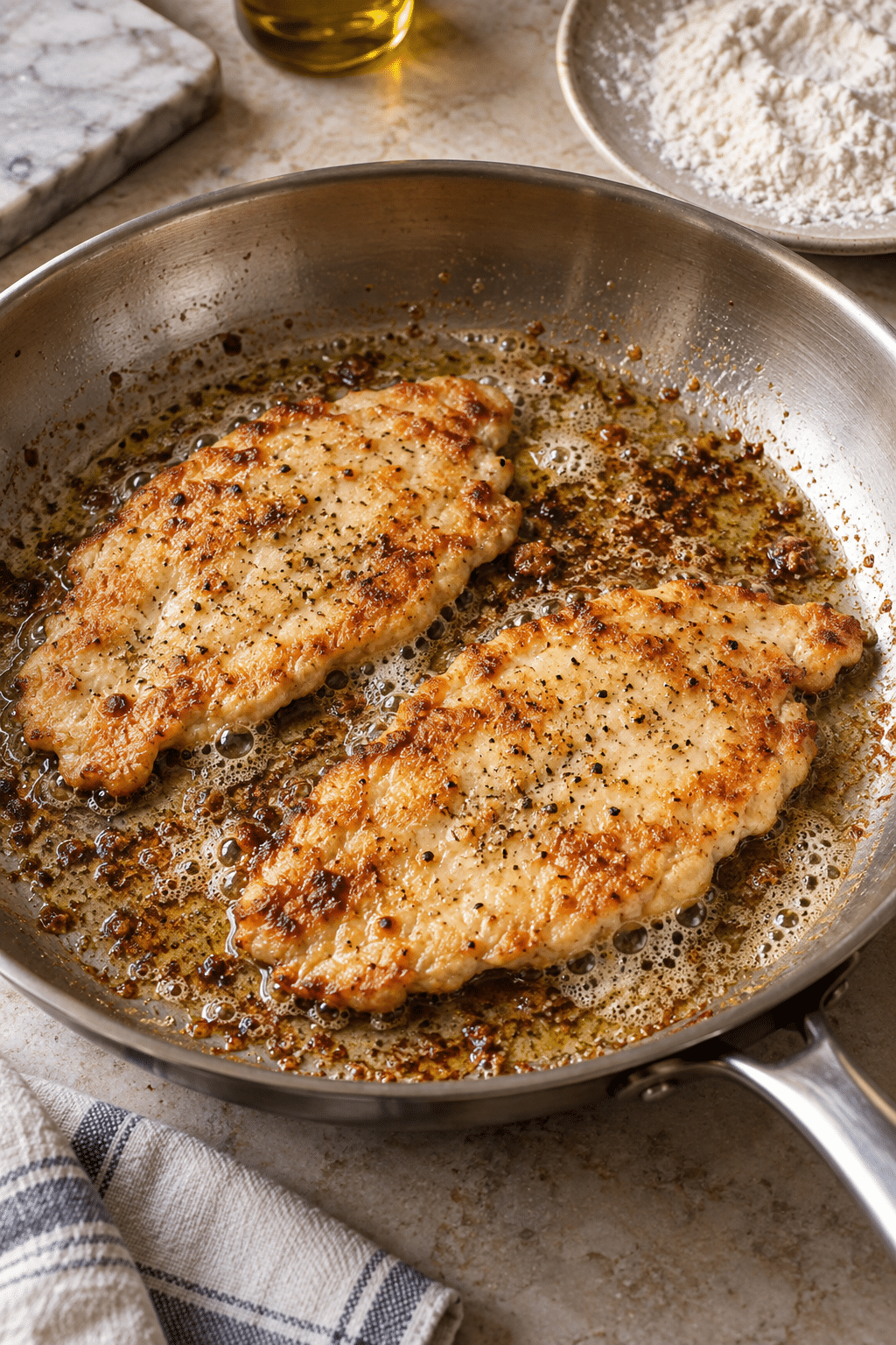 chicken piccata for two cooking in a skillet