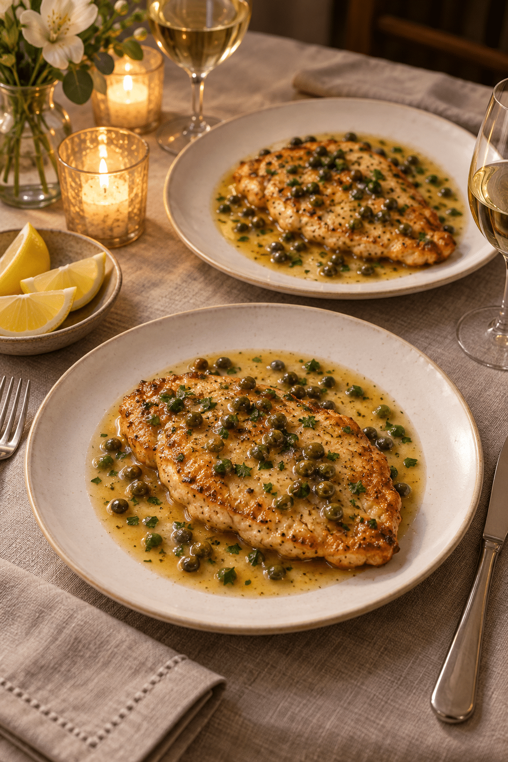 finished chicken piccata for two with lemon pan sauce