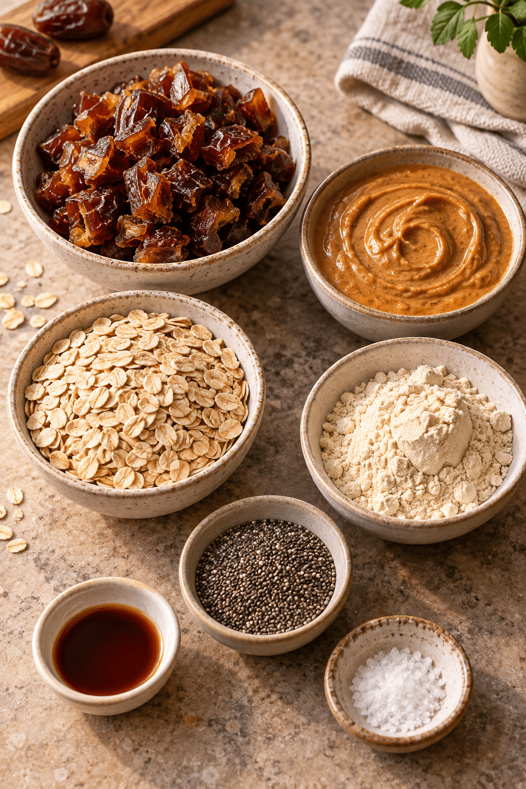 Date protein balls ingredients measured and arranged