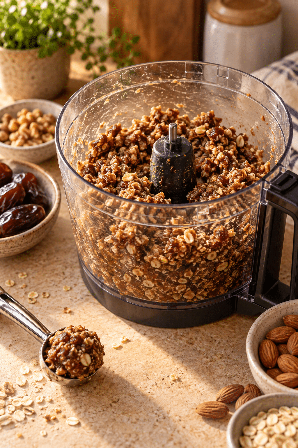 Date protein balls mixture being prepared in a food processor