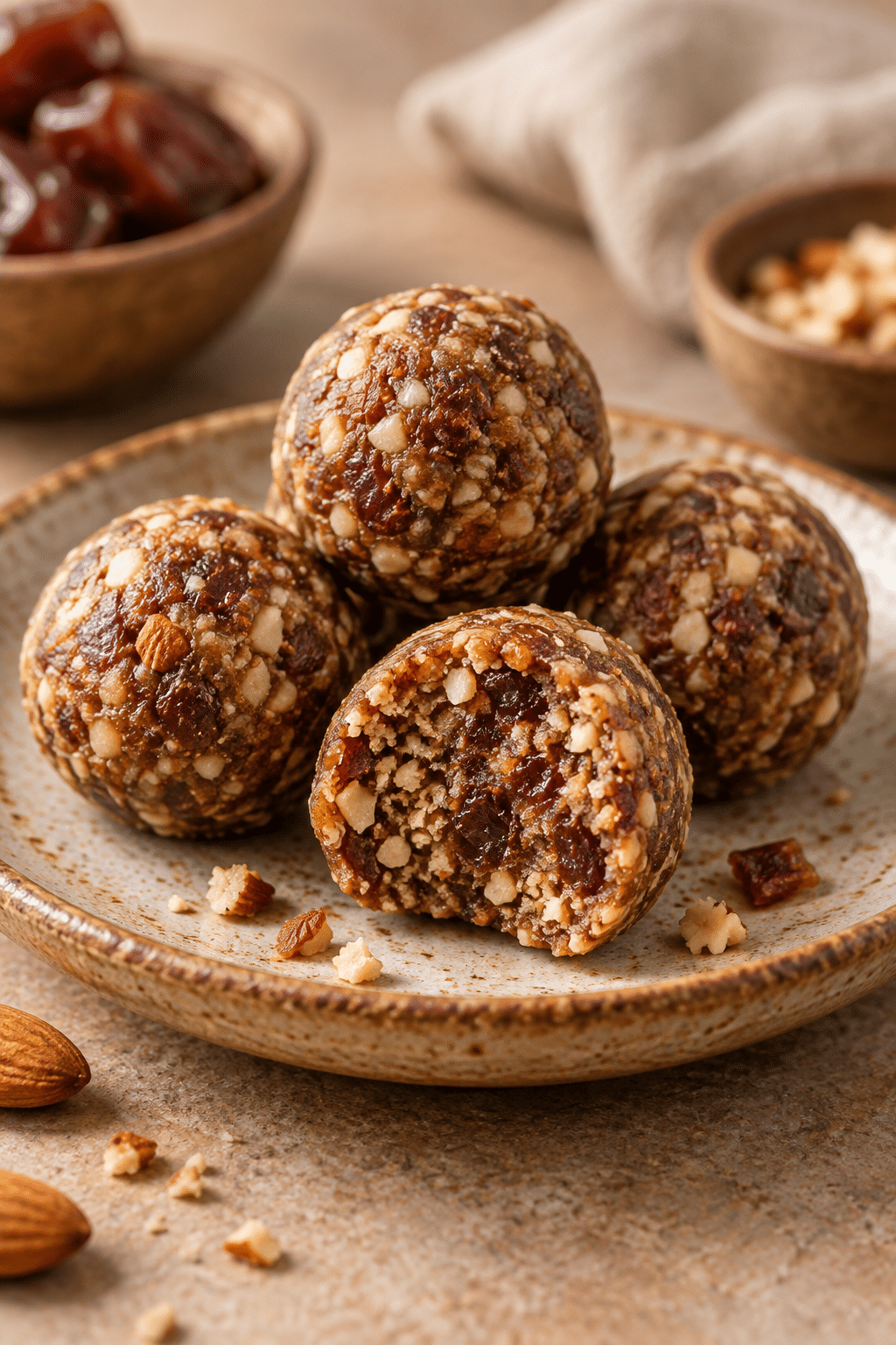 Finished date protein balls ready to serve