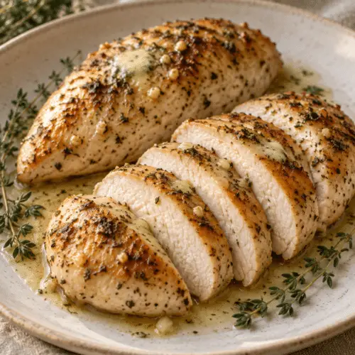 Easy baked chicken breasts finished and sliced