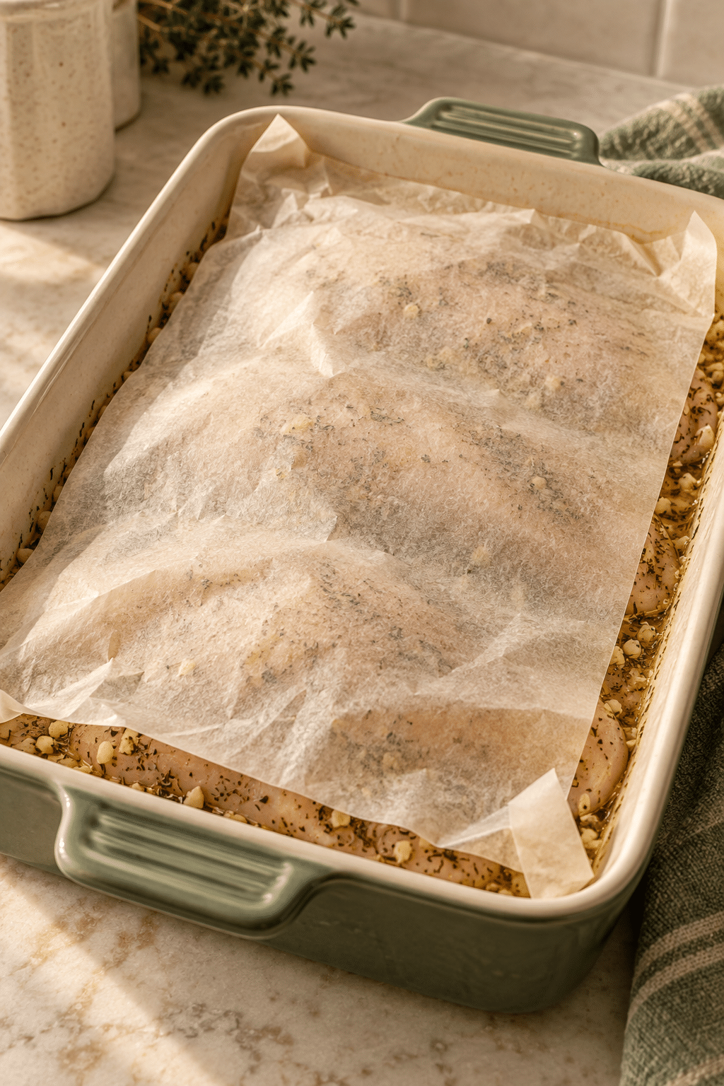 Chicken breasts covered with parchment before baking