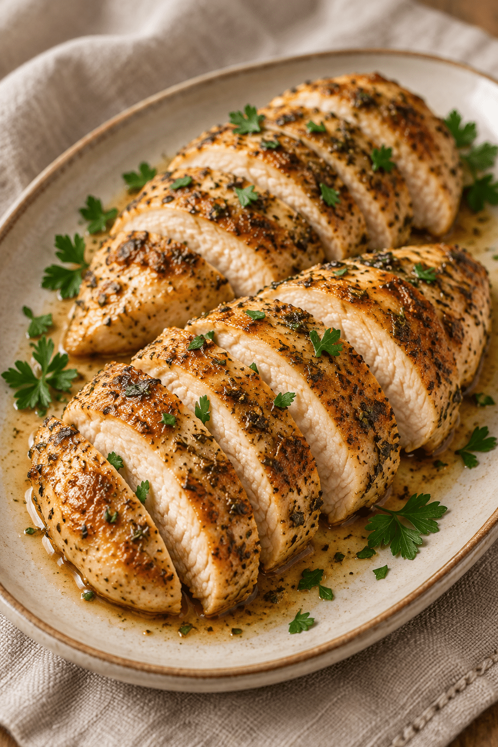Sliced easy baked chicken breasts ready to serve