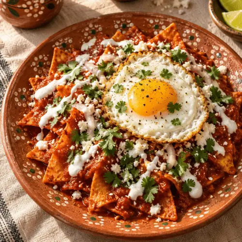 easy chilaquiles rojos served with eggs