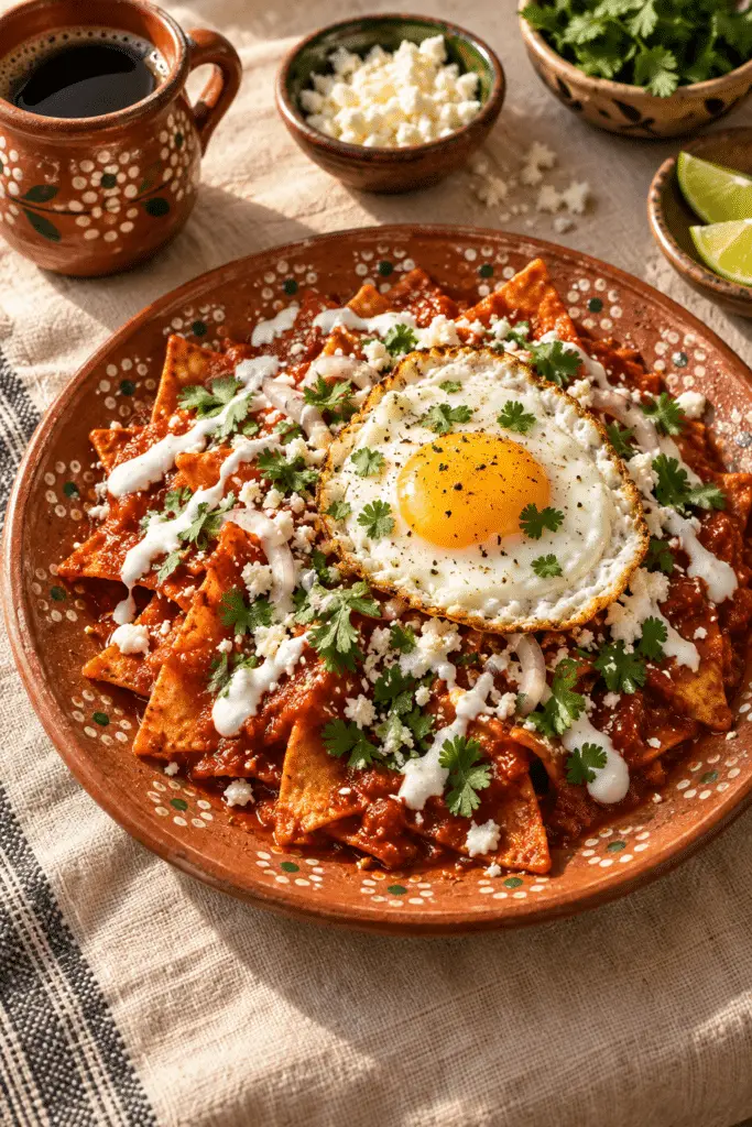 easy chilaquiles rojos served with eggs