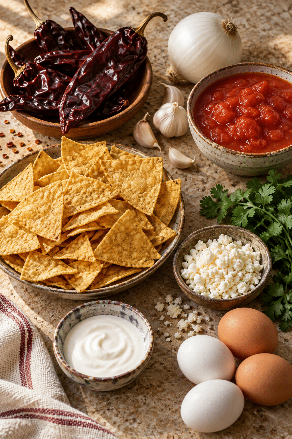 Easy chilaquiles rojos ingredients arranged for cooking