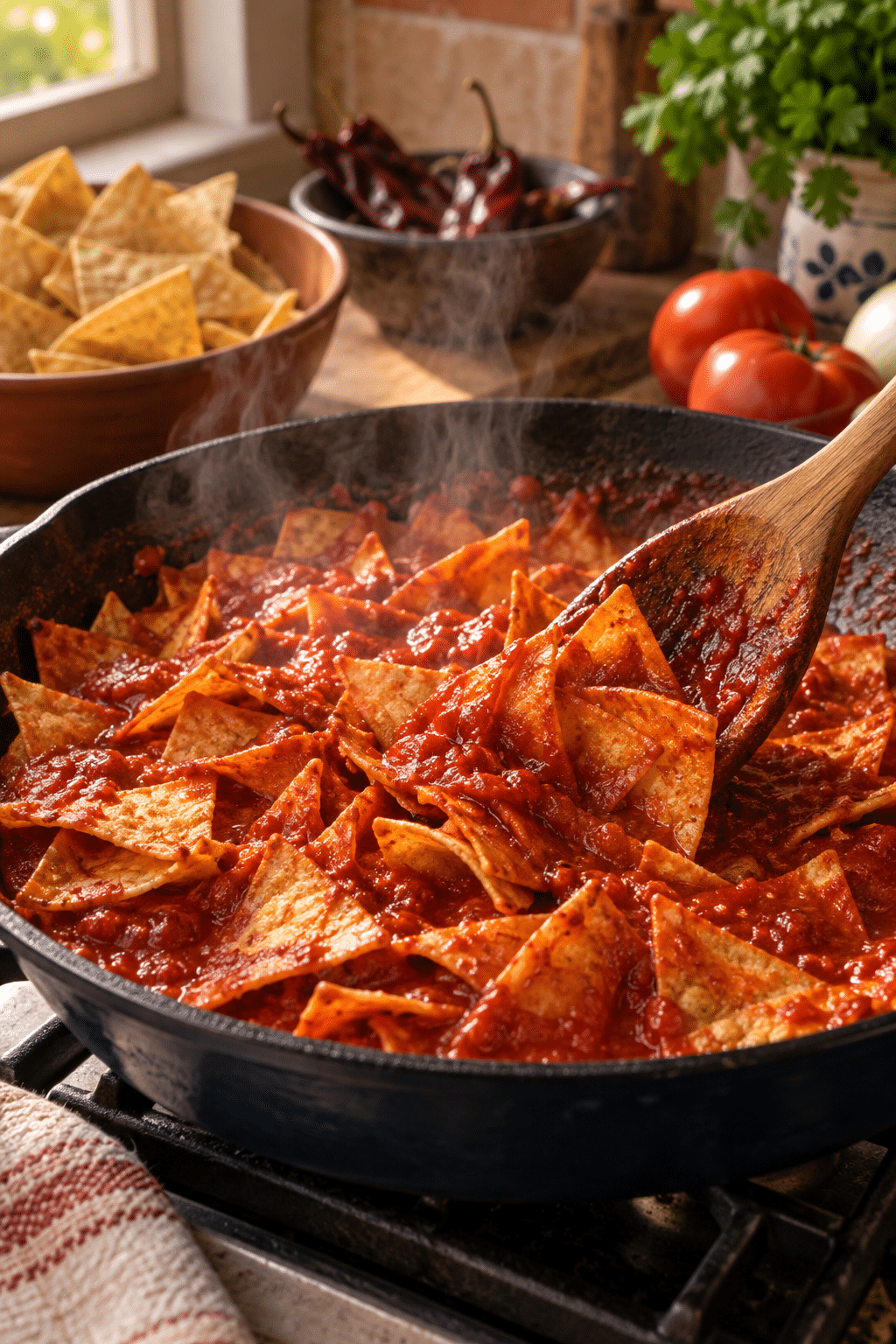 Easy chilaquiles rojos sauce and tortilla chips in a skillet