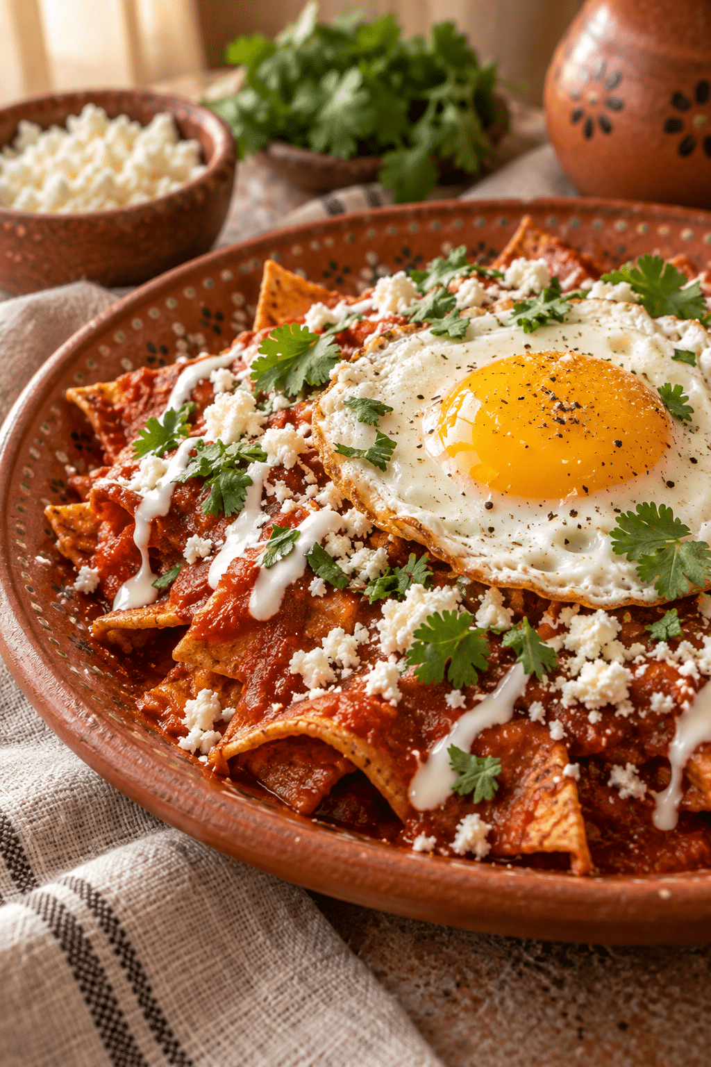 Easy chilaquiles rojos ready to serve with egg and cotija