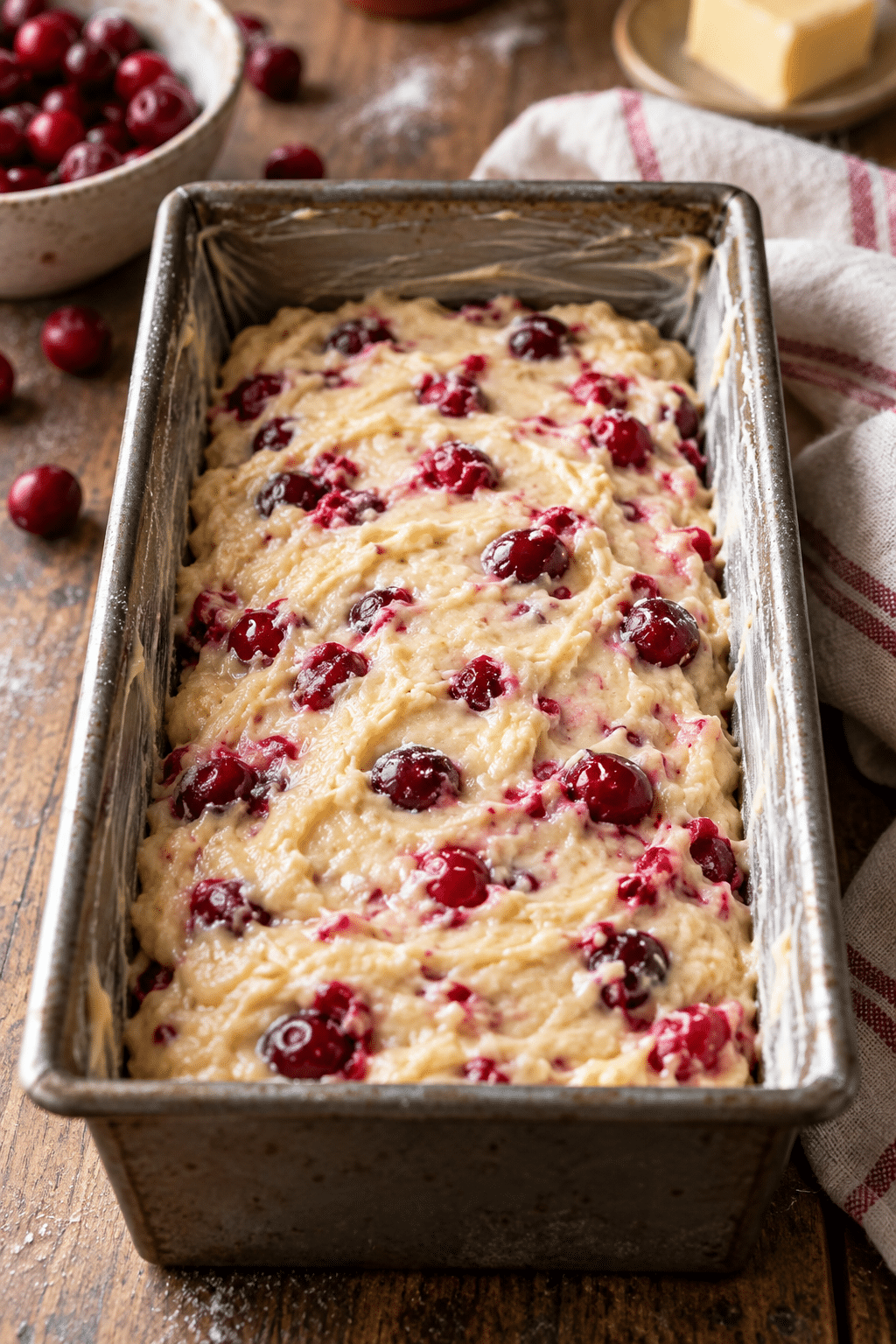 Cranberry bread batter in loaf pan