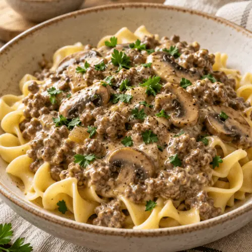 easy ground beef stroganoff in a creamy sauce