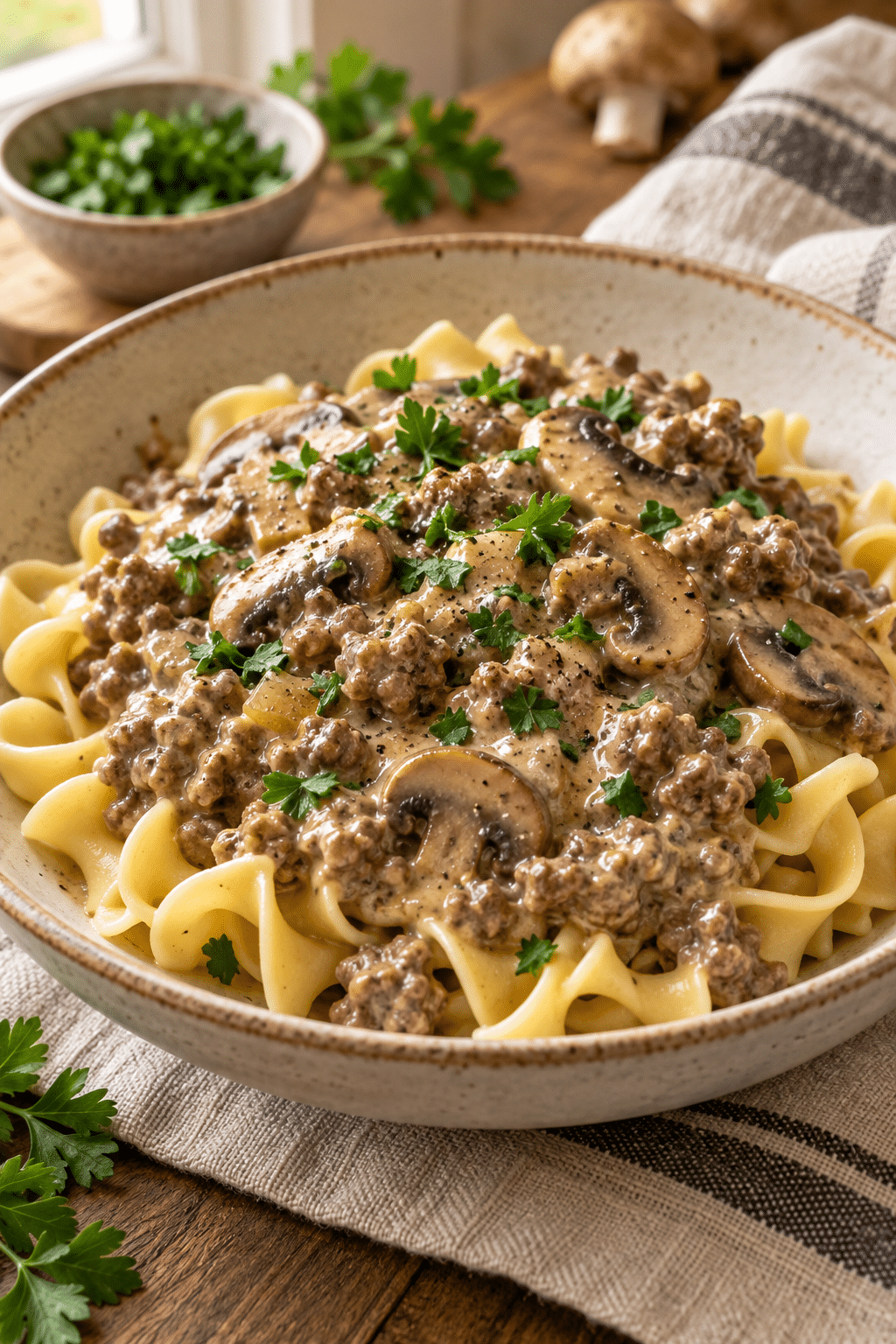 easy ground beef stroganoff in a creamy sauce